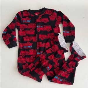 Carter’s Boys 4T Red and Black Fire Truck Fleece  Zip up Footed PJs